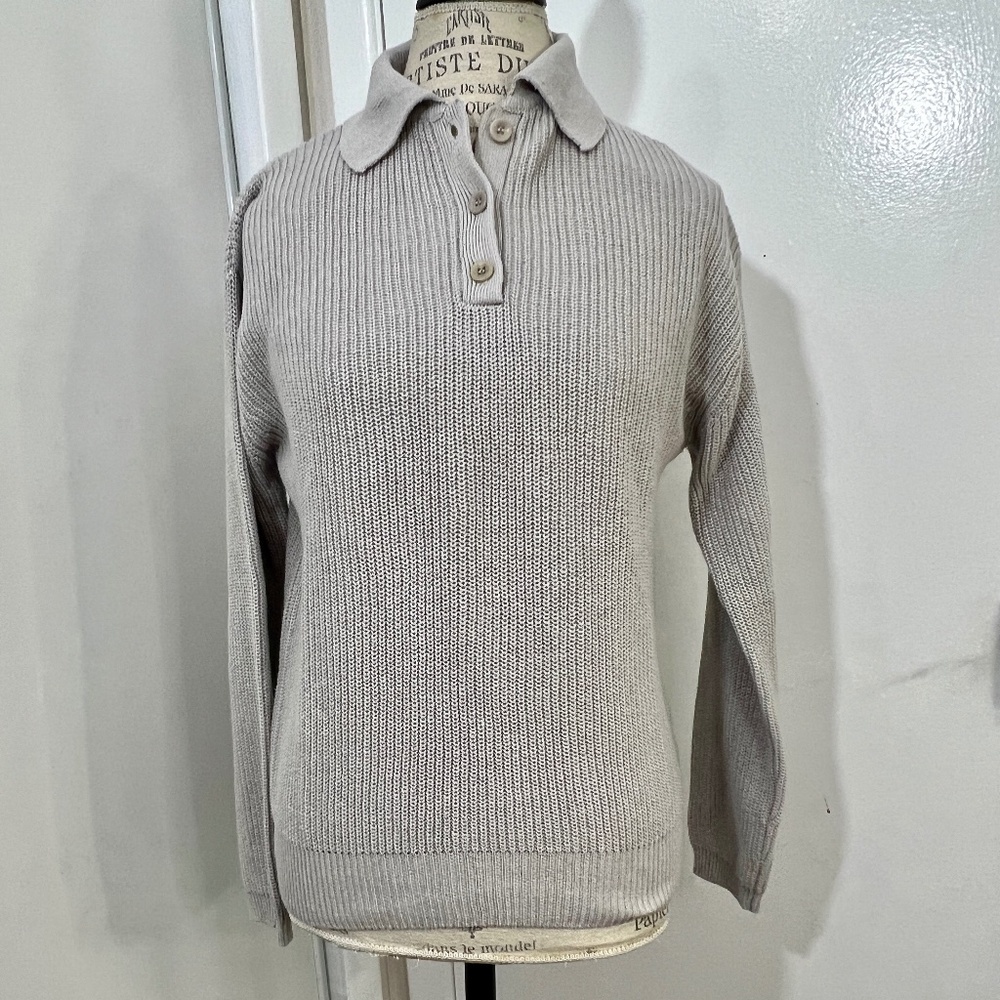 Vintage Norm Thompson Sand Quarter Button Knit Linen Cotton Polo Top Size SP